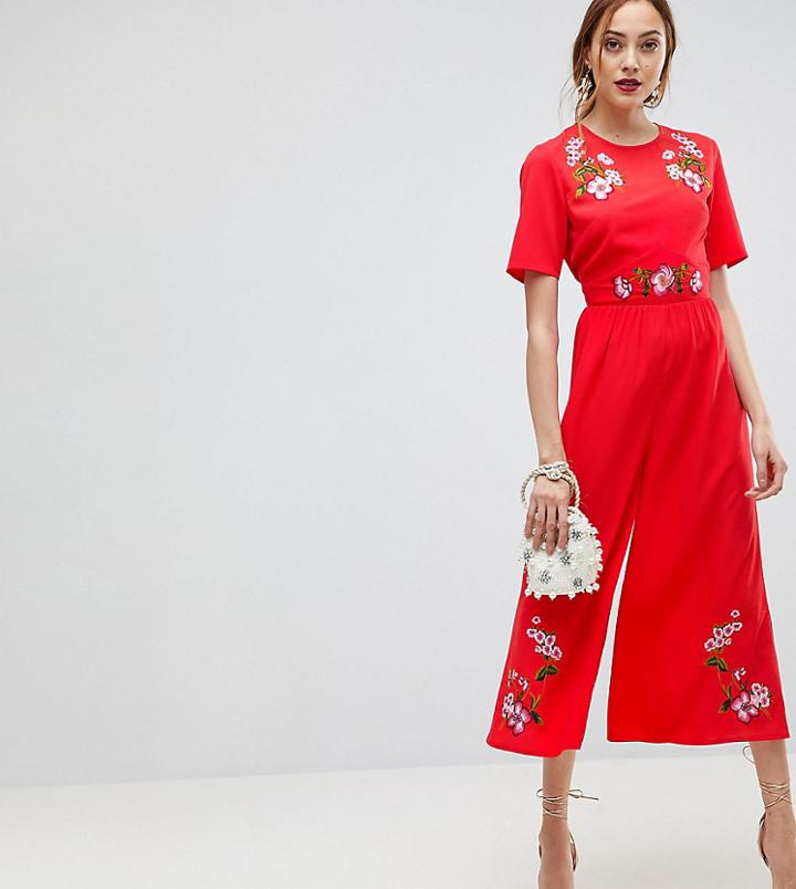 Asos Tall Embroidered Tea Jumpsuit - Red