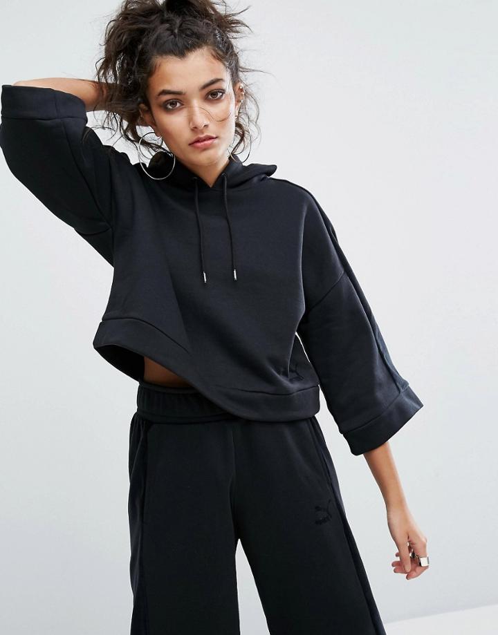 Puma Cropped Hoodie With Wide Sleeves In Black - Black