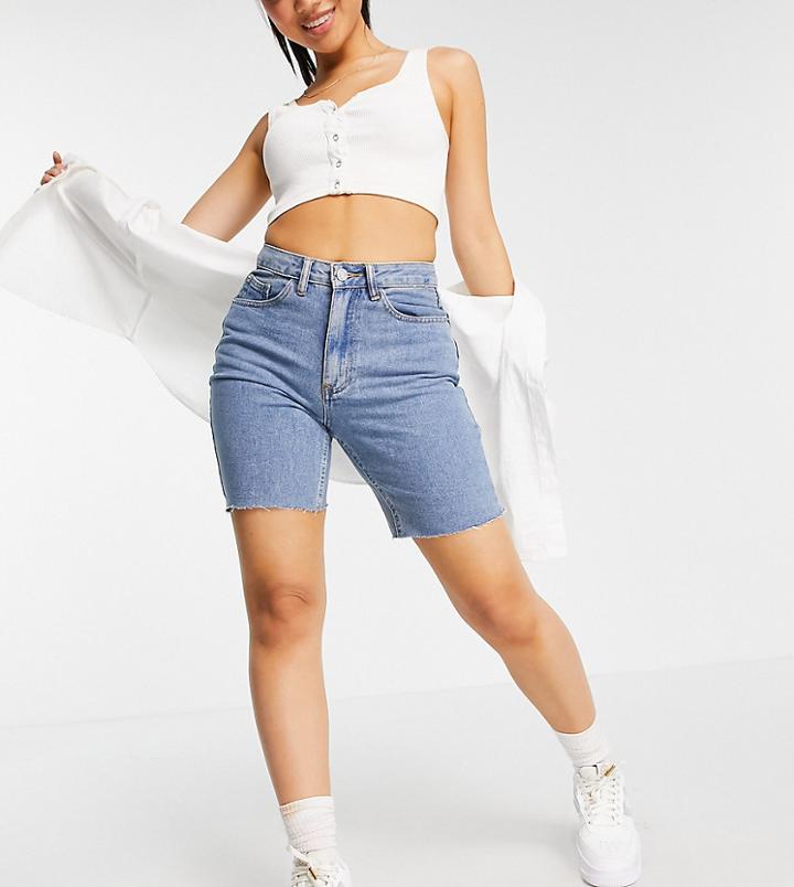 Missguided Petite Boyfriend Shorts With Raw Hem In Blue-blues