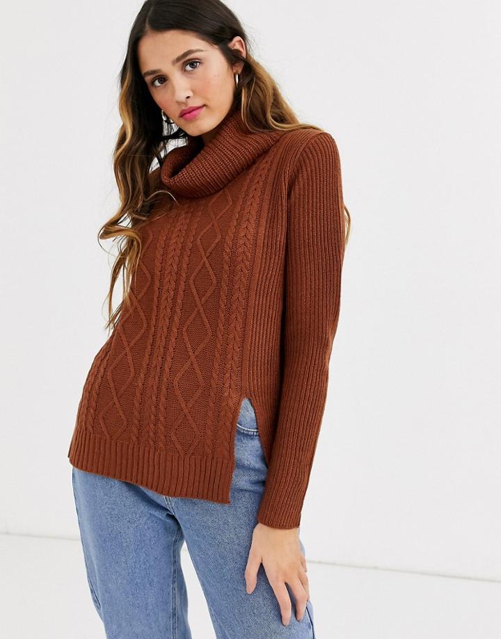 Qed London Roll Neck Cable Knit Sweater In Tobacco-brown