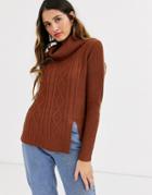 Qed London Roll Neck Cable Knit Sweater In Tobacco-brown