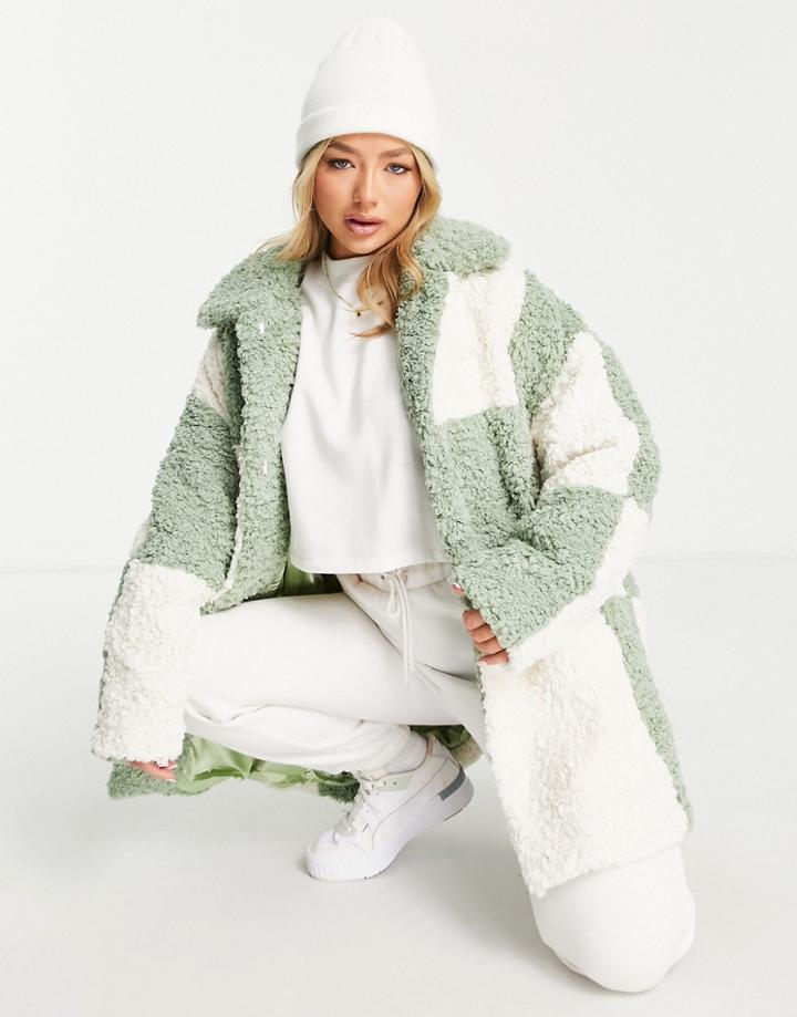 Jayley Color Block Check Shearling Short Jacket In Beige-brown