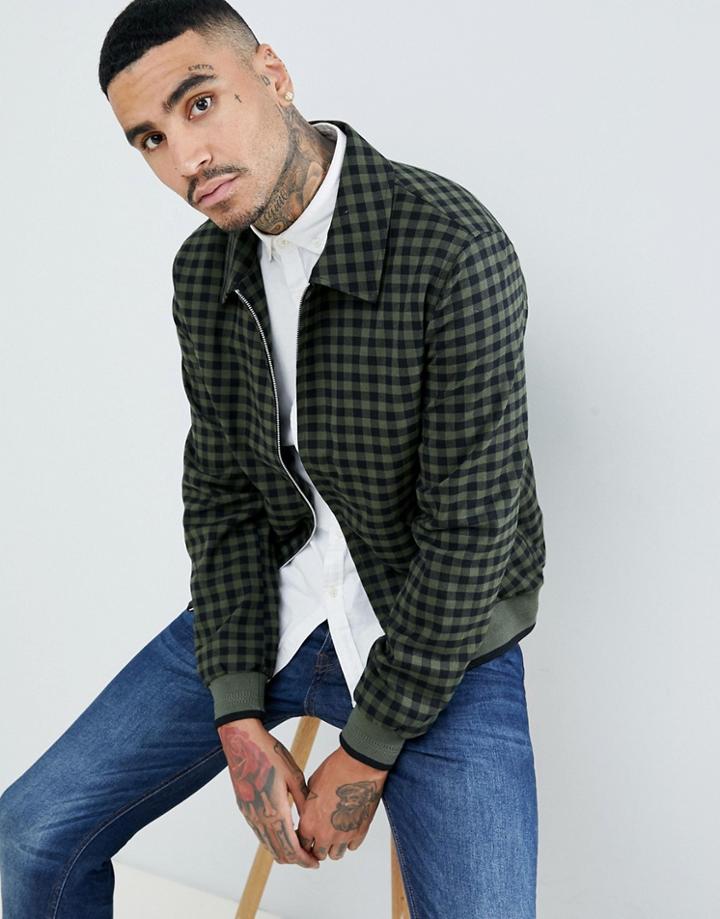 Asos Design Harrington Jacket In Green Check - Green