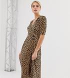 Asos Design Tall Exclusive Leopard Print Plisse Midi Dress With Button Detail - Multi