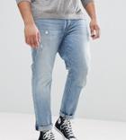 Asos Plus Stretch Slim Jeans In Mid Wash With Abrasions - Blue