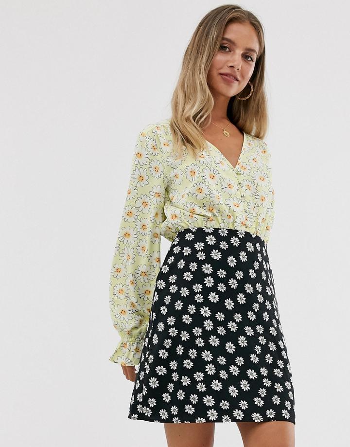 Asos Design Button Through Mini Tea Dress In Mix And Match Floral Print-multi