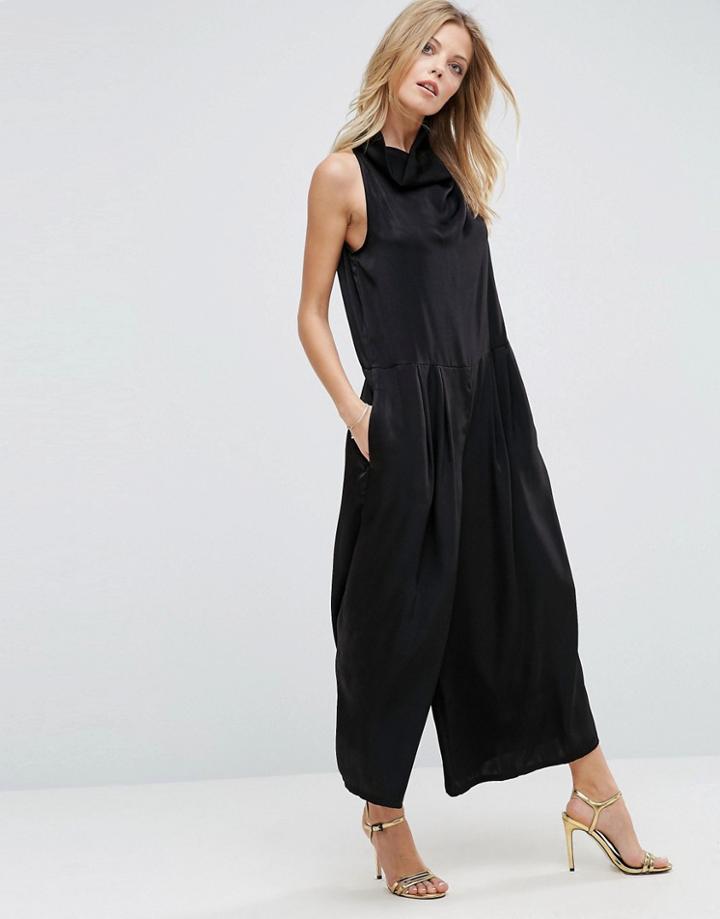Asos Luxe Roll Neck Jumpsuit In Satin - Black