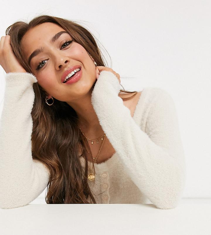 Asos Design Petite Lounge Scoop Neck Cropped Fluffy Cardigan-white
