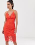 Flounce London Scalloped Lace Cami Strap Mini Dress In Orange - Orange