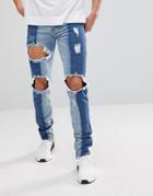 Sixth June Super Skinny Jeans In Midwash Blue With Contrast Panels - Blue