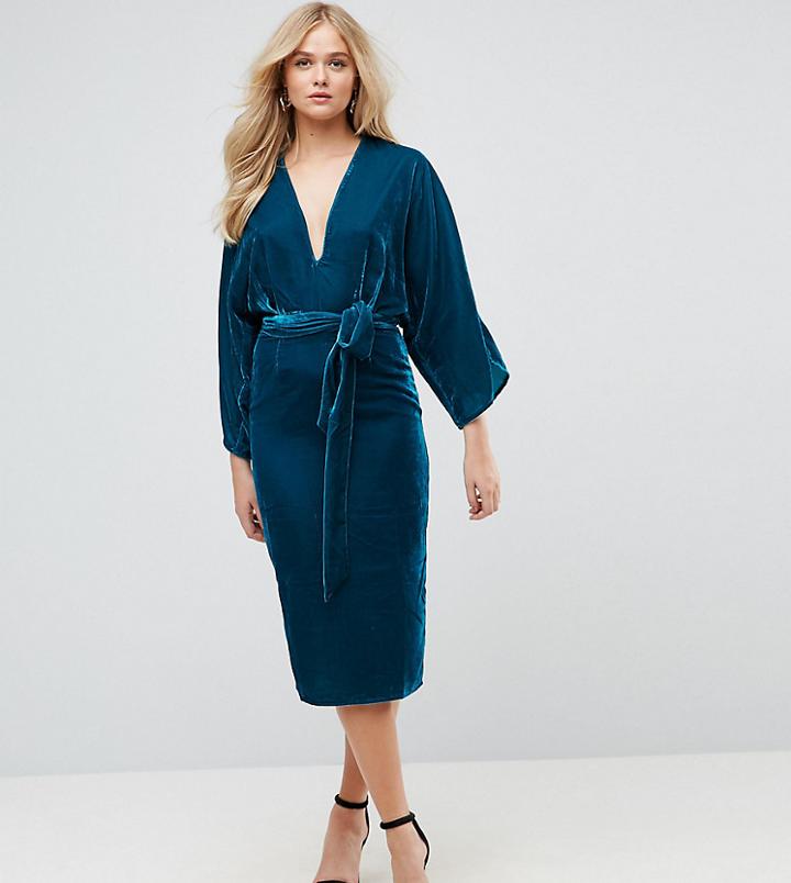 Asos Tall Velvet Plunge Kimono Midi Dress With Tie Waist - Black