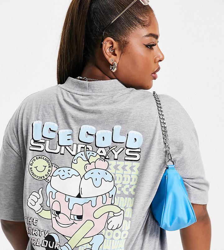 Collusion Plus Ice Cream Print Oversized T-shirt In Gray Heather-grey