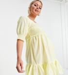 Asos Design Maternity Square Neck Shirred Raw Edge Mini Skater Dress In Lemon Yellow