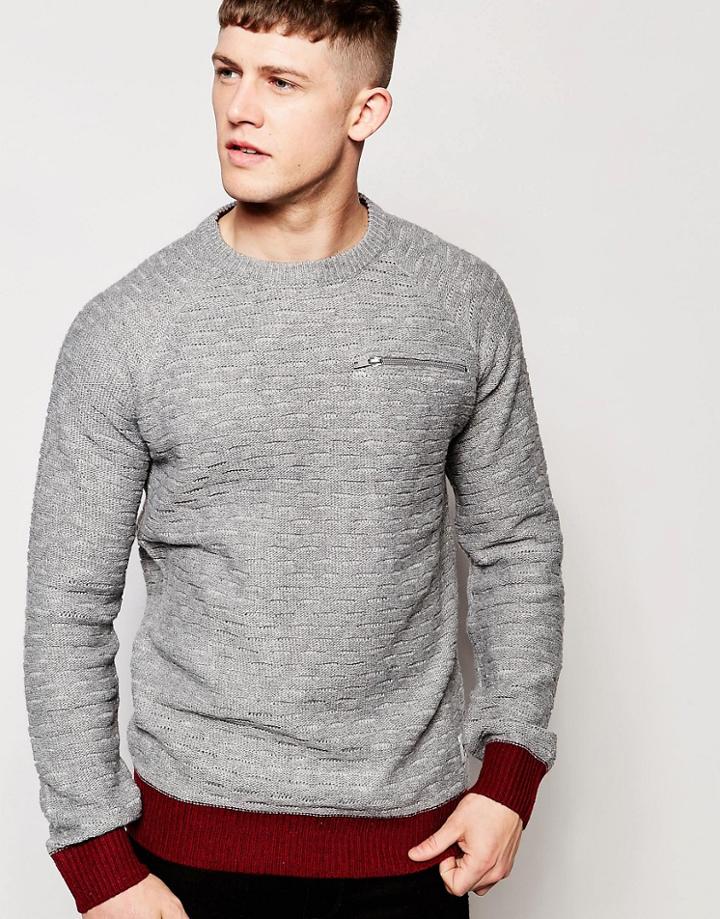 Bellfield Knit Jumper Ladder Stitch Mix With Zip Pocket Detail - Gray