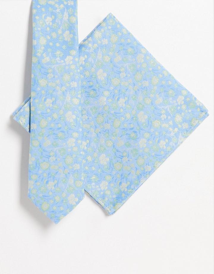 Asos Deisgn Slim Tie And Pocket Square With Floral Design In Blue And Green - Mblue
