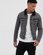 Blend Fleece Collar Denim Jacket - Gray