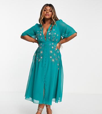 Hope & Ivy Plus Embellished Midi Tea Dress In Emerald Green Star