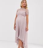 Chi Chi London Maternity Lace Detail Midi Dress With High Low Hem In Mink - Pink
