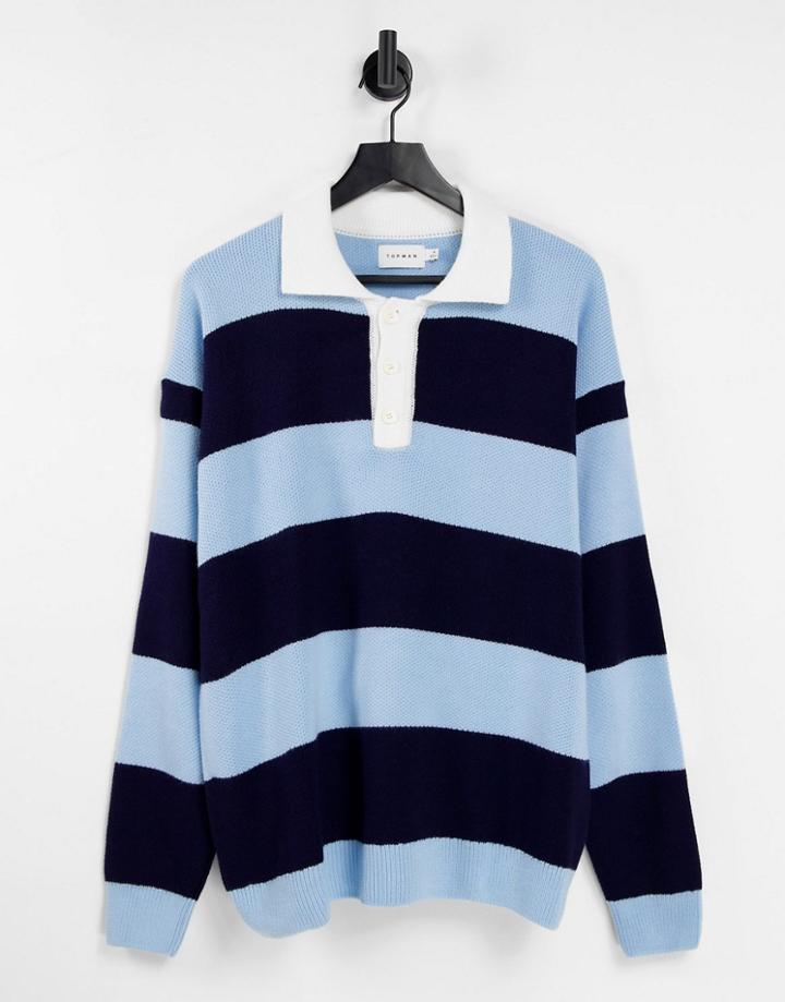 Topman Long Sleeve Stripe Knitted Rugby Polo In Navy And Blue