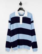 Topman Long Sleeve Stripe Knitted Rugby Polo In Navy And Blue