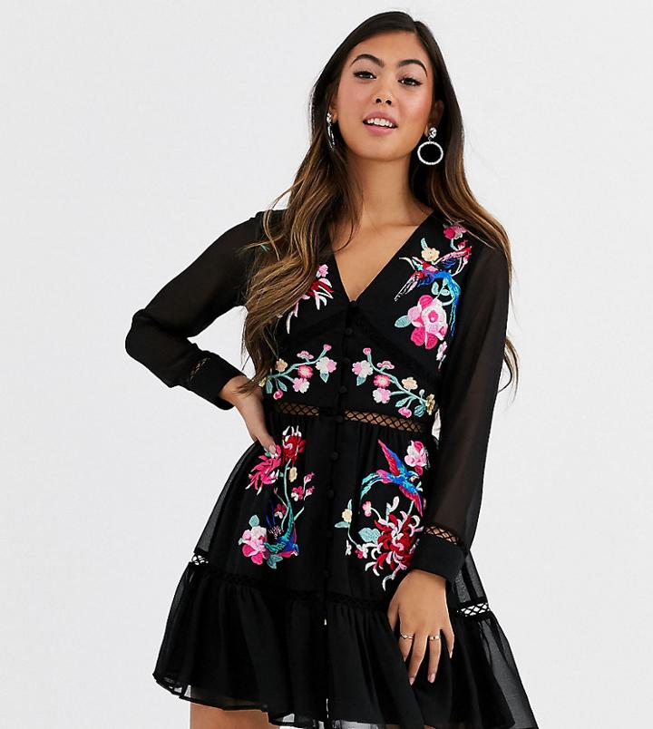 Asos Design Petite Embroidered Skater Mini Dress With Lace Trims And Pephem-black