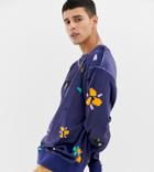 Collusion Velour Printed Floral Sweatshirt In Navy - Navy