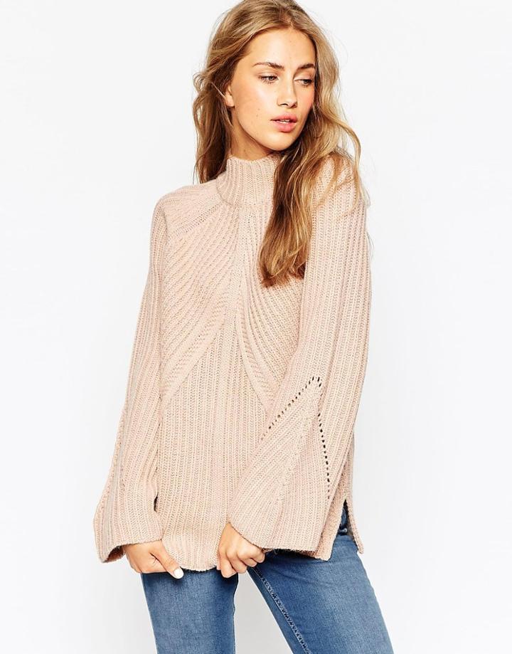 Asos Chunky Sweater With High Neck And Moving Rib - Nude