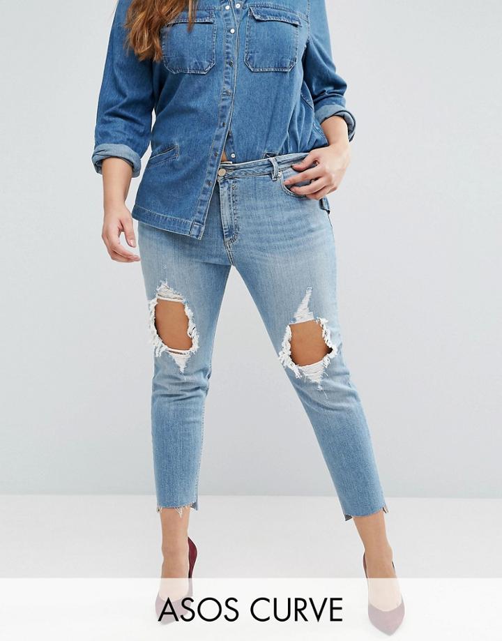 Asos Curve Kimmi Boyfriend Jean In Lillian With Rips And Stepped Hem - Blue