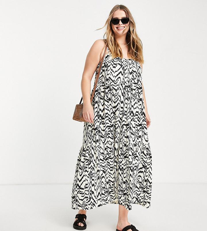 Asos Design Curve Tiered Cami Maxi Dress With Faux Shell Buttons In Animal Print-multi