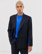 Asos Design Boxy Double Breasted Suit Jacket In Navy With Insert Side Stripe - Navy