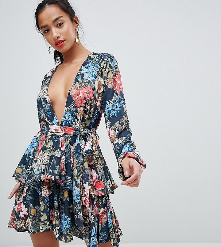 John Zack Petite Plunge Front Ruffle Tea Dress In Dark Floral Print - Multi