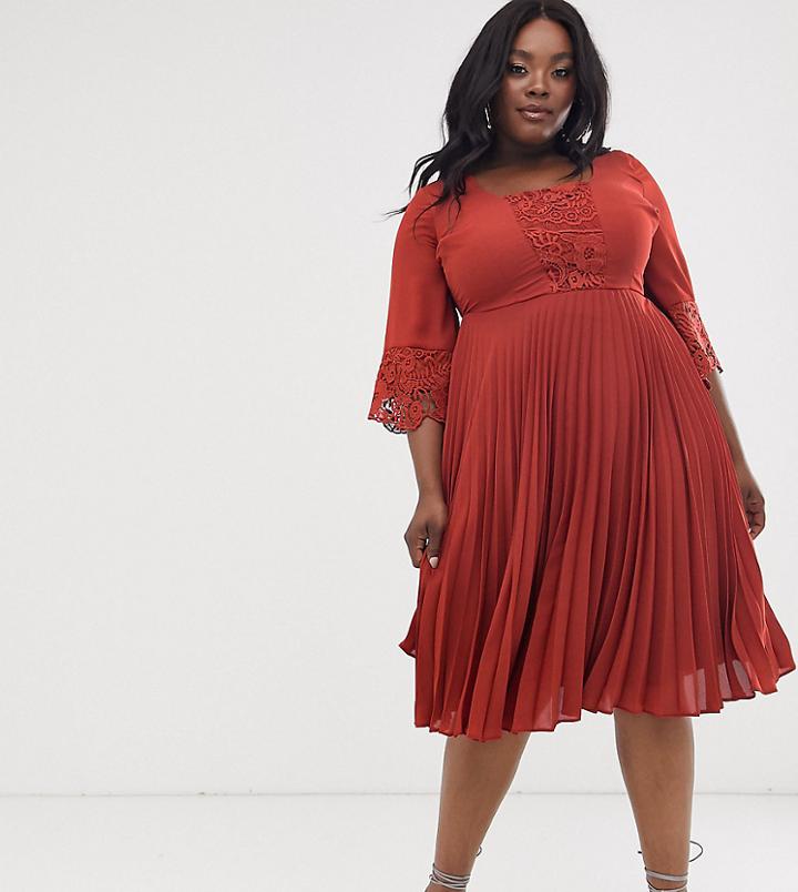 Asos Design Curve Midi Dress With Pleated Skirt And Lace Insert Kimono Sleeve - Red