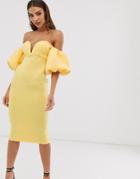 Asos Design Bardot Bubble Sleeve Strappy Midi Dress-yellow