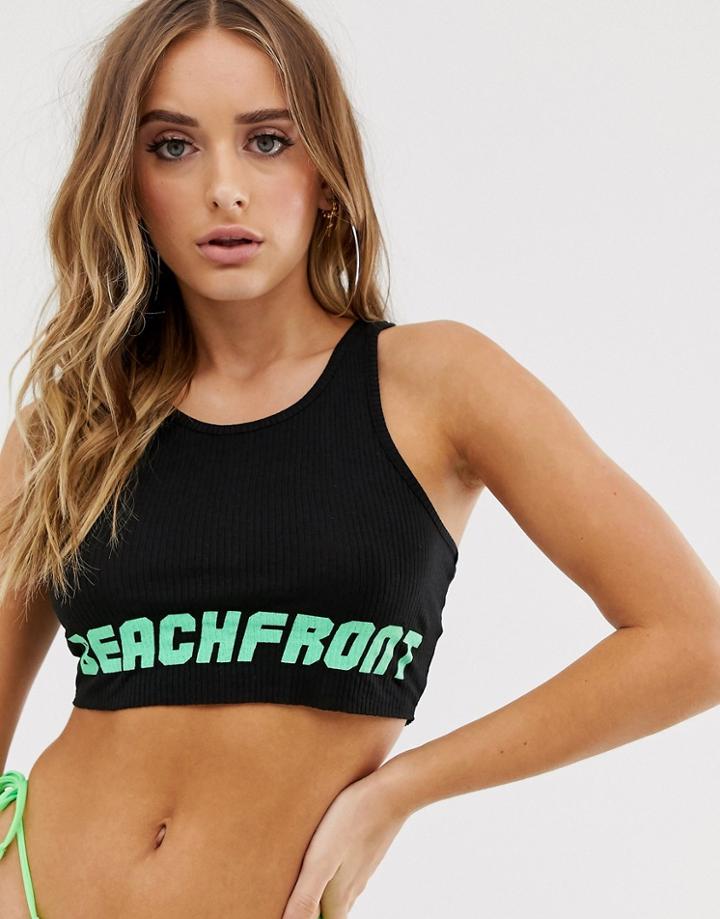 Asos Design 'beachfront' Racer Back Crop Top On Jersey Rib - Black