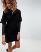 Asos Design T-shirt Dress With Lace Sleeves - Black