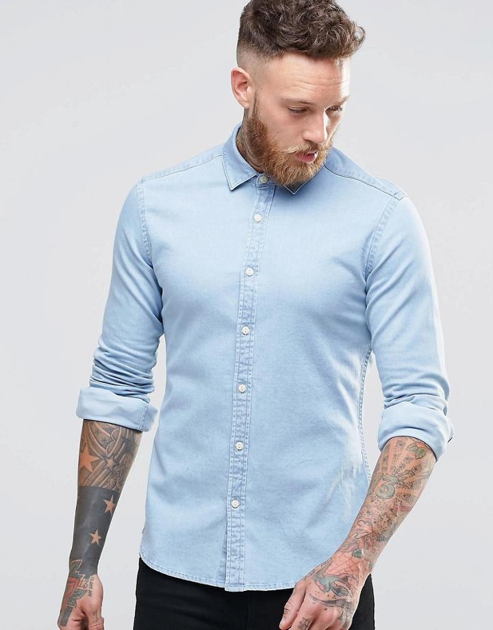 Asos Skinny Denim Shirt In Bleach Wash With Long Sleeves - Bleach Wash