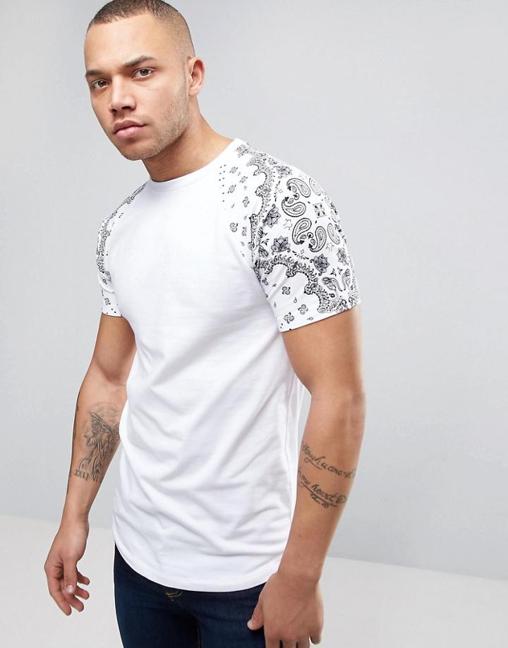 Asos Longline Muscle T-shirt With Bandana Print Raglan Sleeves - White