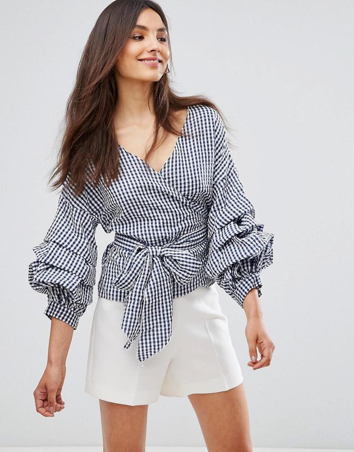 Qed London Gingham Top With Exaggerated Sleeves And Tie Wasit - Navy