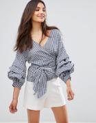 Qed London Gingham Top With Exaggerated Sleeves And Tie Wasit - Navy