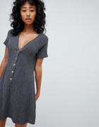 Pull & Bear Button Front Crinkle Dress In Gray - Gray