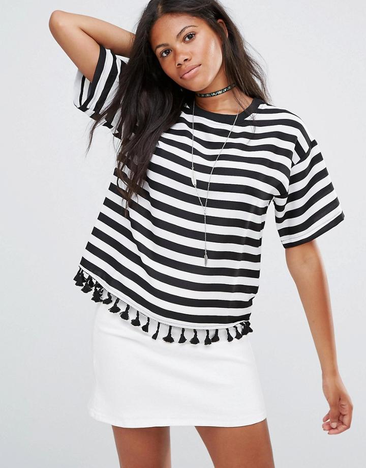 Amy Lynn Striped T-shirt With Pom Pom Trim - Stripe
