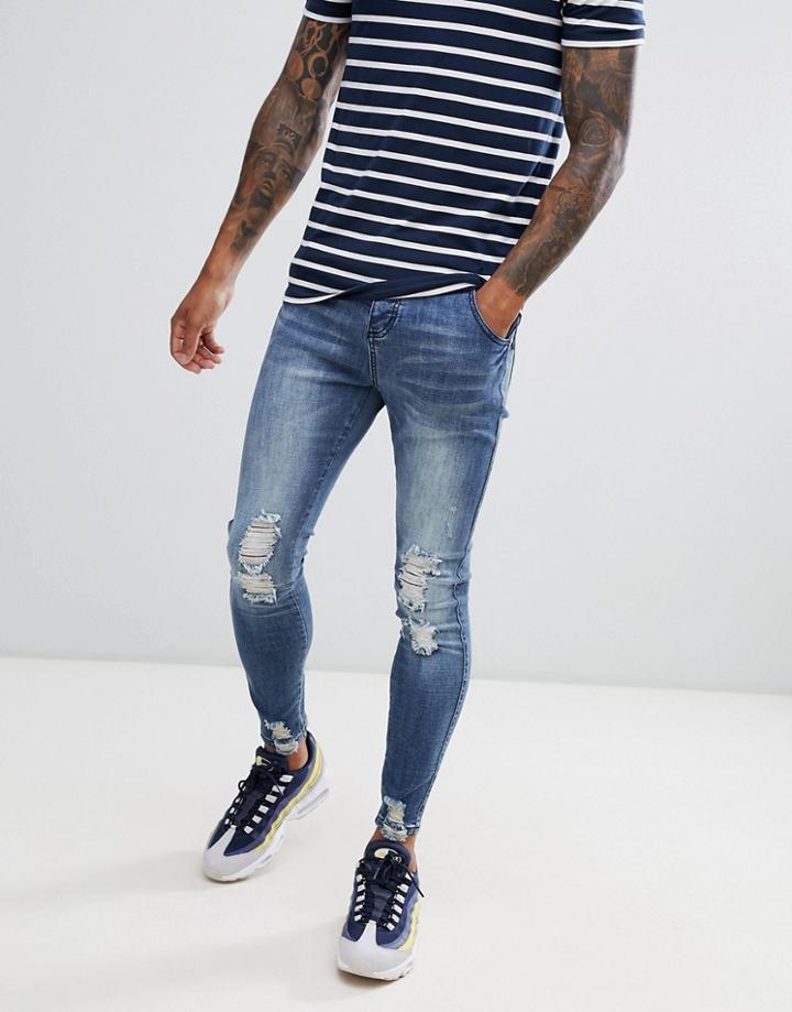 Siksilk Skinny Fit Jagged Hem Jeans In Washed Blue - Blue