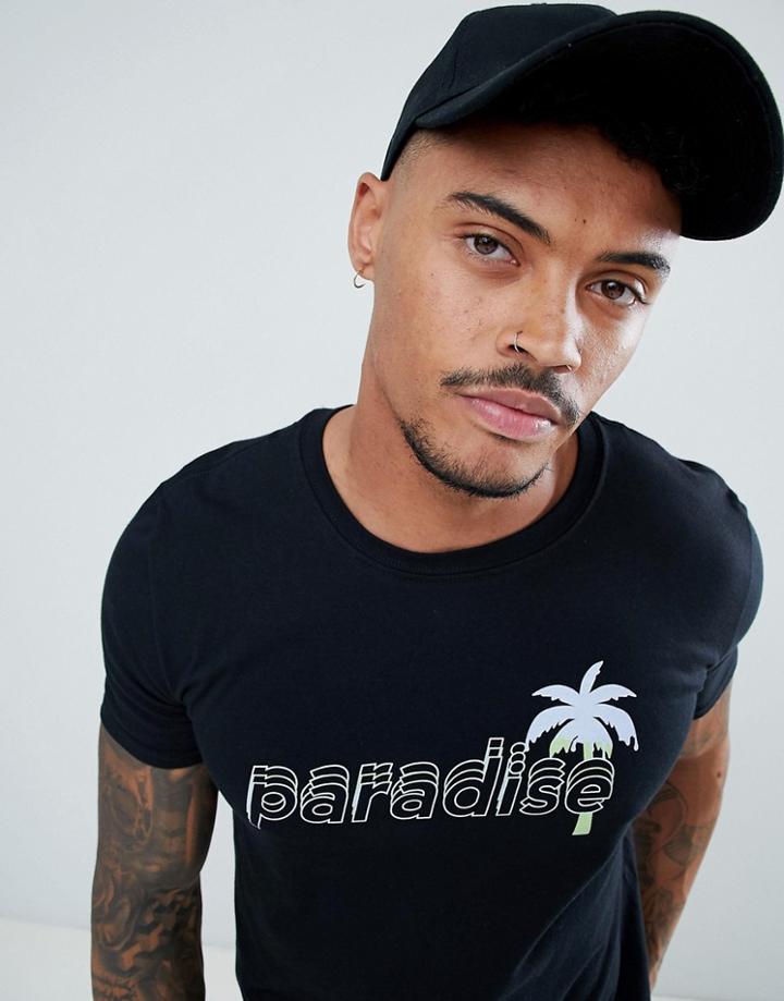 Boohooman T-shirt With Paradise Print In Black - Black