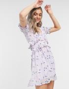 Influence Button Front Mini Tea Dress In Lilac Floral-multi