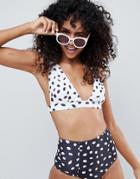 Asos Design Recycled Deep Band Crop Bikini Top In Mono Polka Dot-white