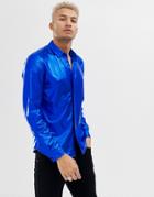 Asos Design Regular Fit Metallic Shirt In Blue - Blue