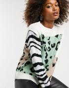 Liquorish Oversized Sweater In Mixed Animal Print-multi