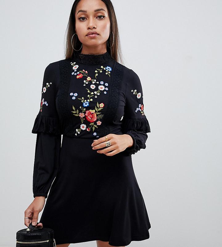 Asos Design Petite Embroidered High Neck Smock Dress-black