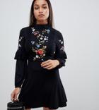 Asos Design Petite Embroidered High Neck Smock Dress-black