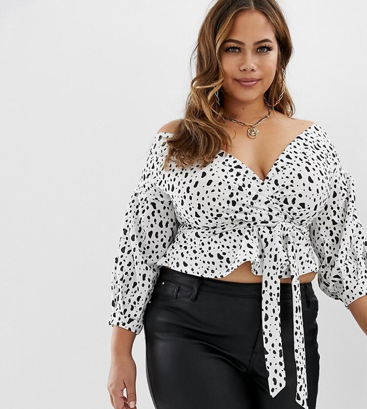 Boohoo Plus Off Shoulder Top In Dalmation - White